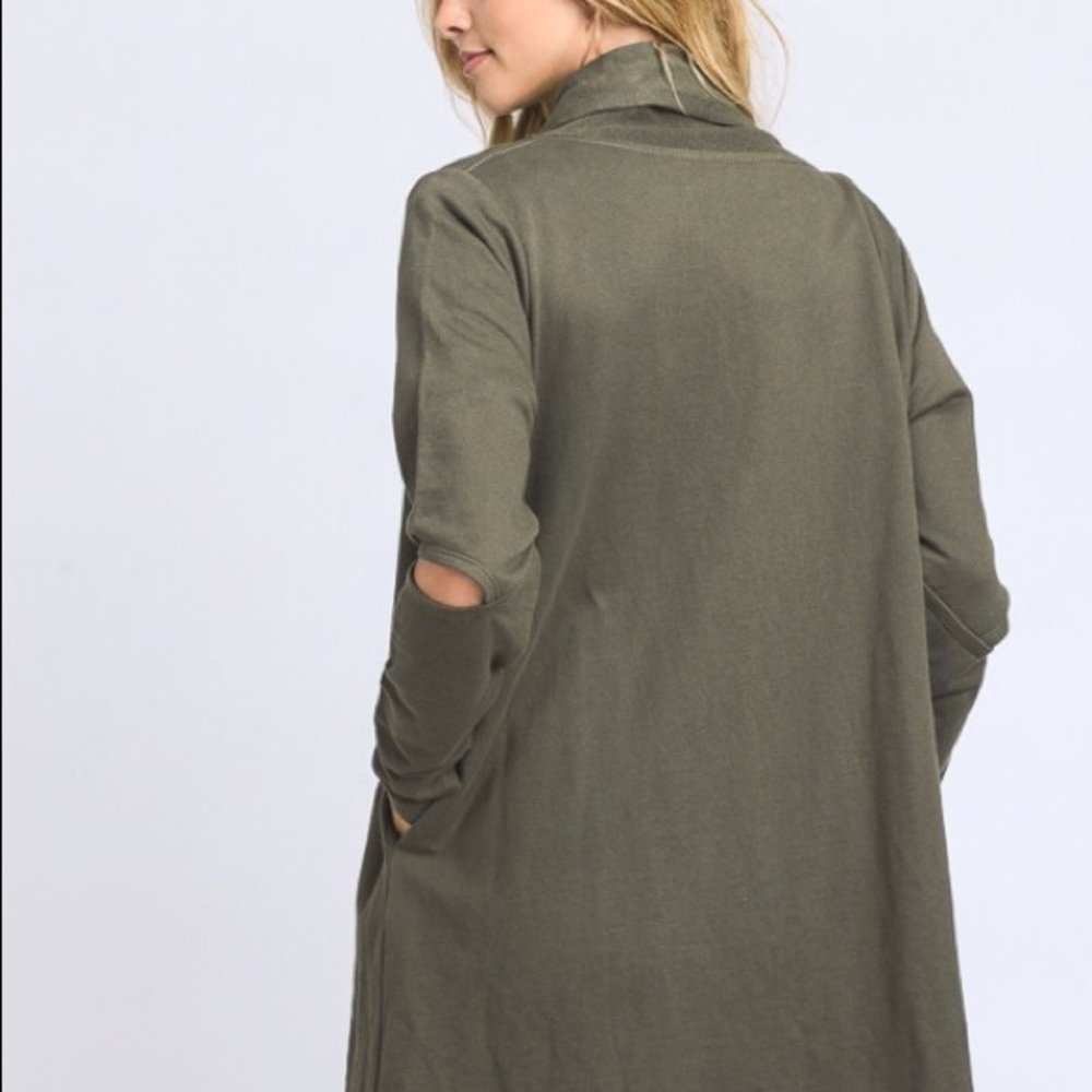 Olive Open Front Cardigan With Cutout Sleeve - Picture 4 of 6